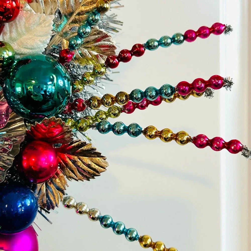 Vintage Repurposed Festive Silver Tinsel and Multicolor Holiday Wreath - Picture 3 of 7